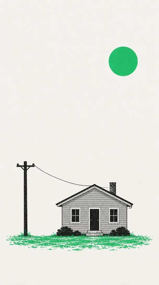 Screenprint illustration of a small clapboard house on a patch of green grass with its own telephone pole beside it, one wire running from the pole to the eaves, under a large flat green sun in an empty sky