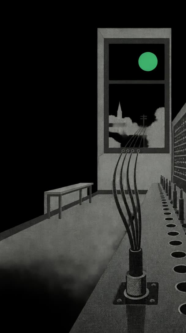 Screenprint illustration of the inside of a telephone exchange, four cables rising from a floor socket toward a tall window with a village church and a telephone pole outside, a flat green sun in the top pane and a wall of switchboard jacks on the right