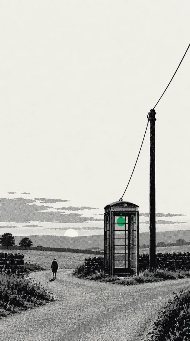 Screenprint illustration of a telephone box at a country crossroads at dusk, its wire running up to a pole and out of frame, the light inside the box a flat green circle, a low white sun on the horizon and one tiny figure walking toward it