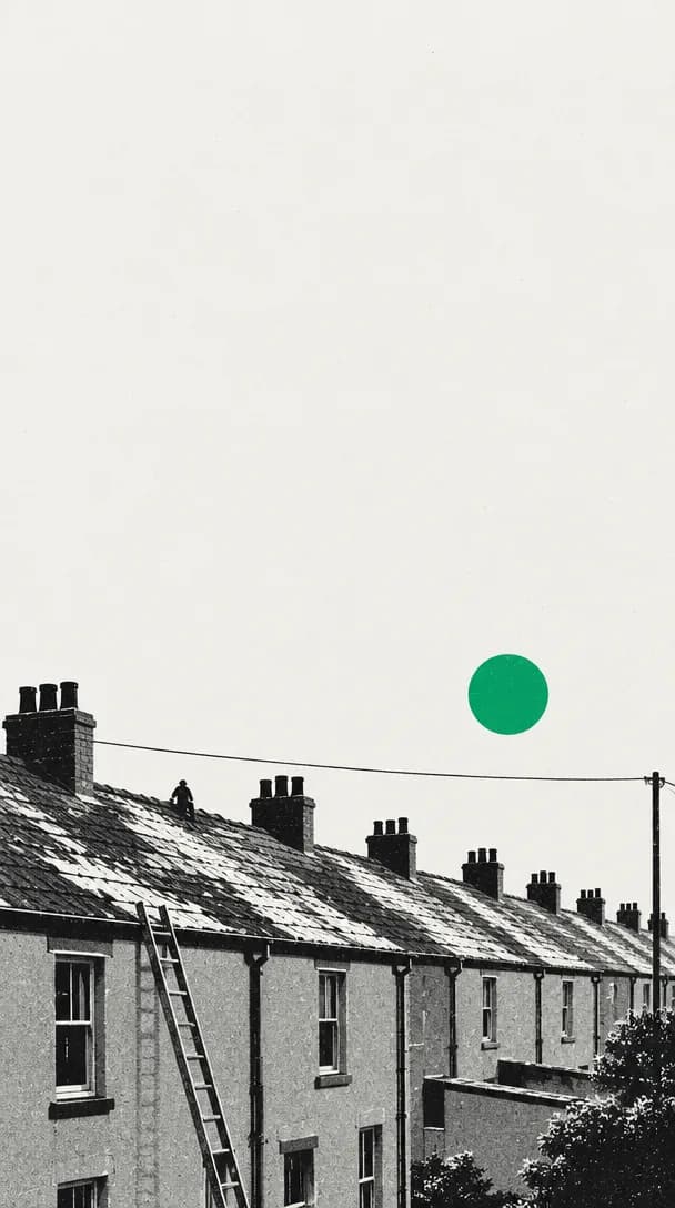 Screenprint illustration of a row of terraced rooftops after a storm, a ladder against the nearest house, one telephone wire strung along the roofline, a tiny figure on a roof and a flat green sun in an empty sky