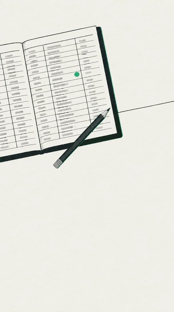 Screenprint illustration of an open ledger seen from above, ruled columns filled with short grey marks, one entry marked with a flat green dot, a pencil lying across the page and one ruled line running off the book onto the empty desk