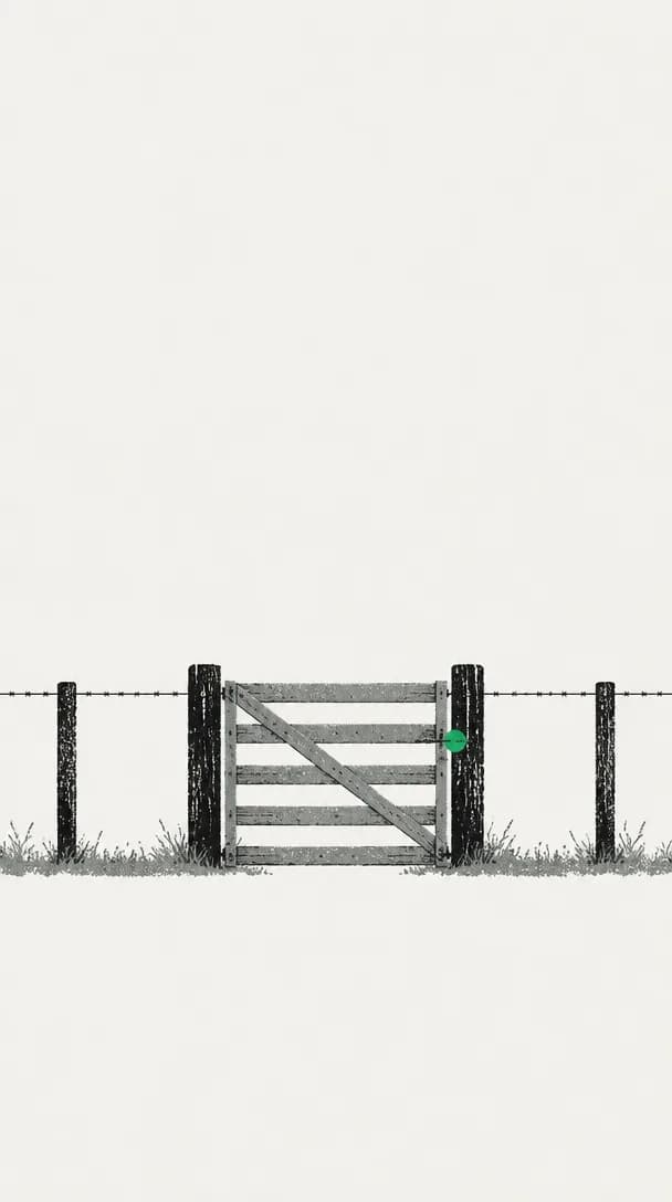 Screenprint illustration of a closed wooden field gate in a long barbed-wire fence running the full width of the frame, its latch a small flat green circle, under an empty paper sky